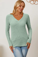 Trendsi Basic Bae Full Size Ribbed V-Neck Long Sleeve T-Shirt - Shirts