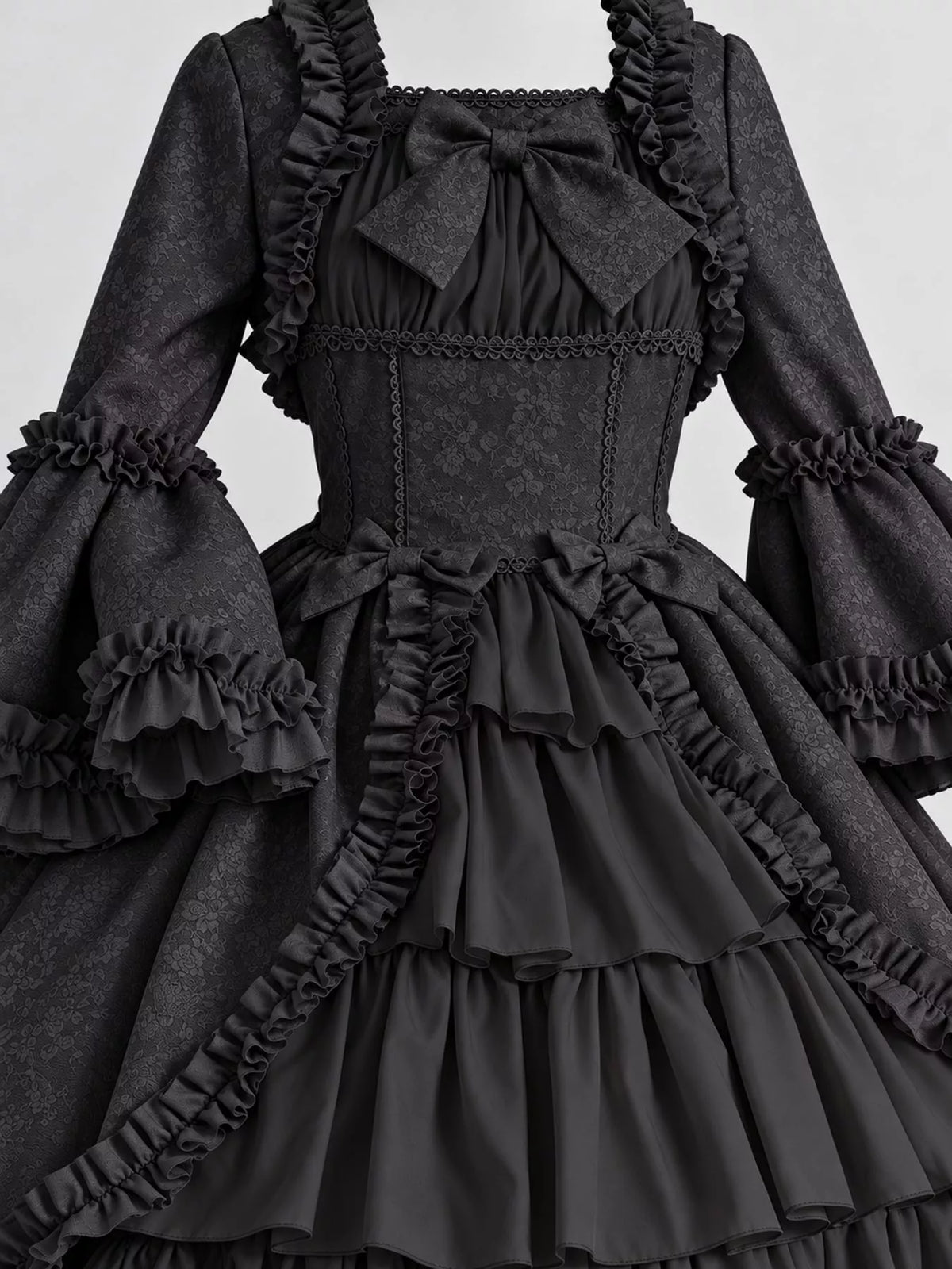 Vintage Lolita Ruffled Layered Dress, detail view in black