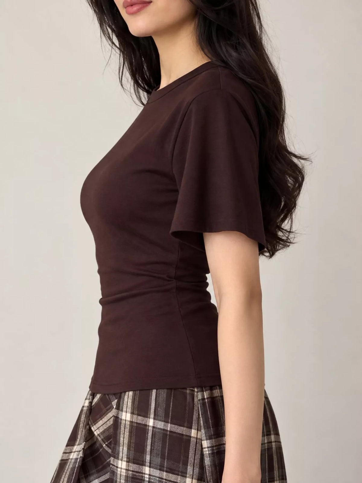 Brown tie back round neck short sleeve t shirt, side view