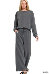 Trendsi Zenana Washed F/terry Round Neck Pullover & Pants Set -