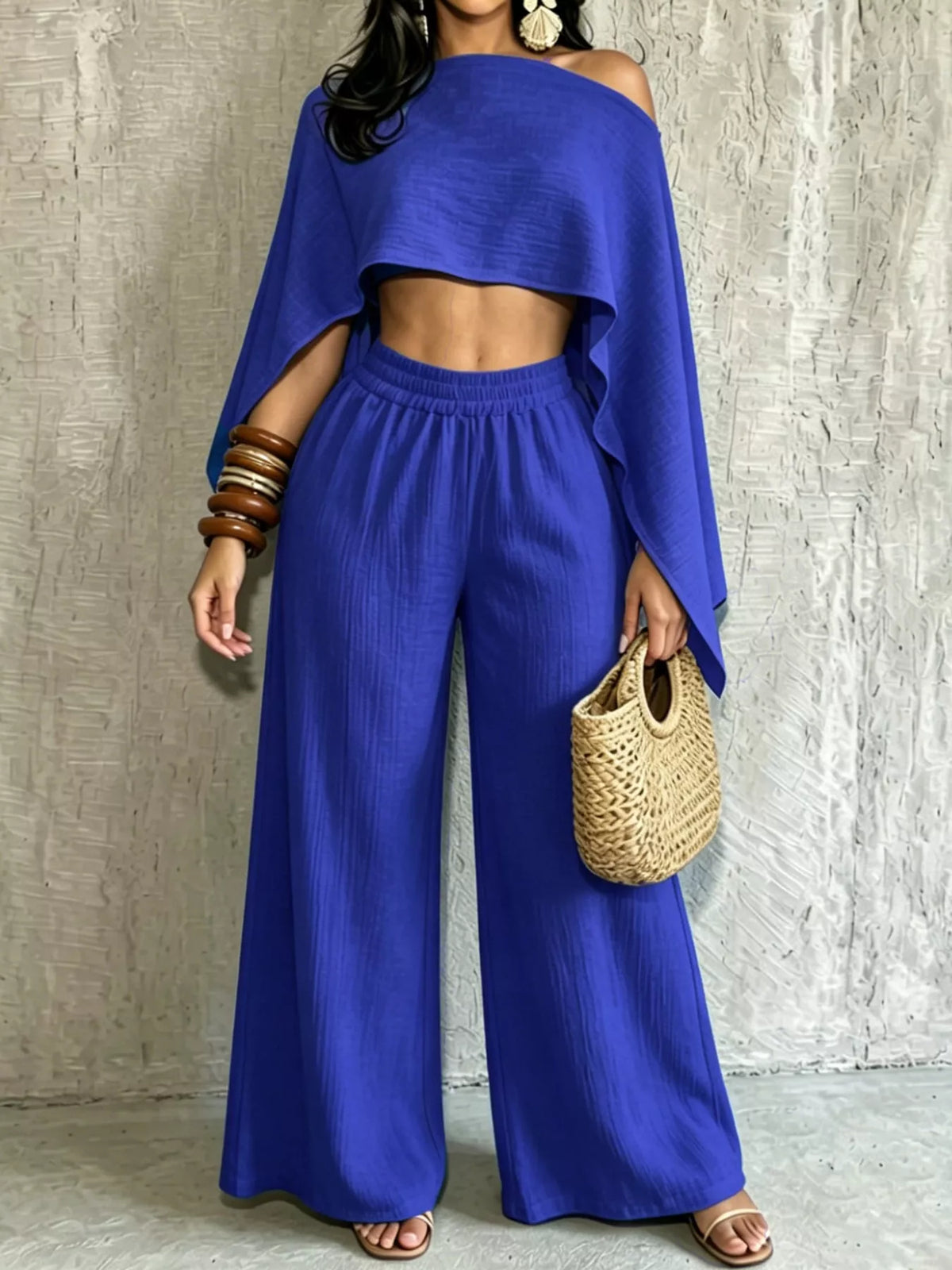 Women's Boat Neck Crop Top and Wide-Leg Pants Set in blue — front view