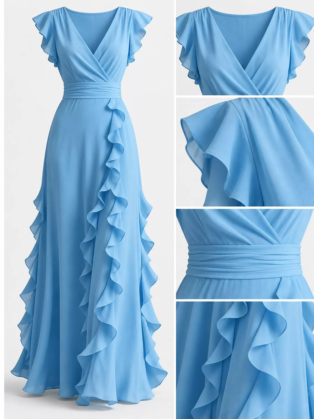 Blue ruffled surplice maxi dress, neckline and ruffle detail collage