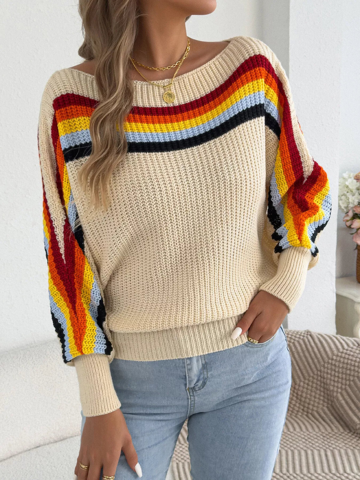 Striped Knit Boat Neck Sweater in beige, front view