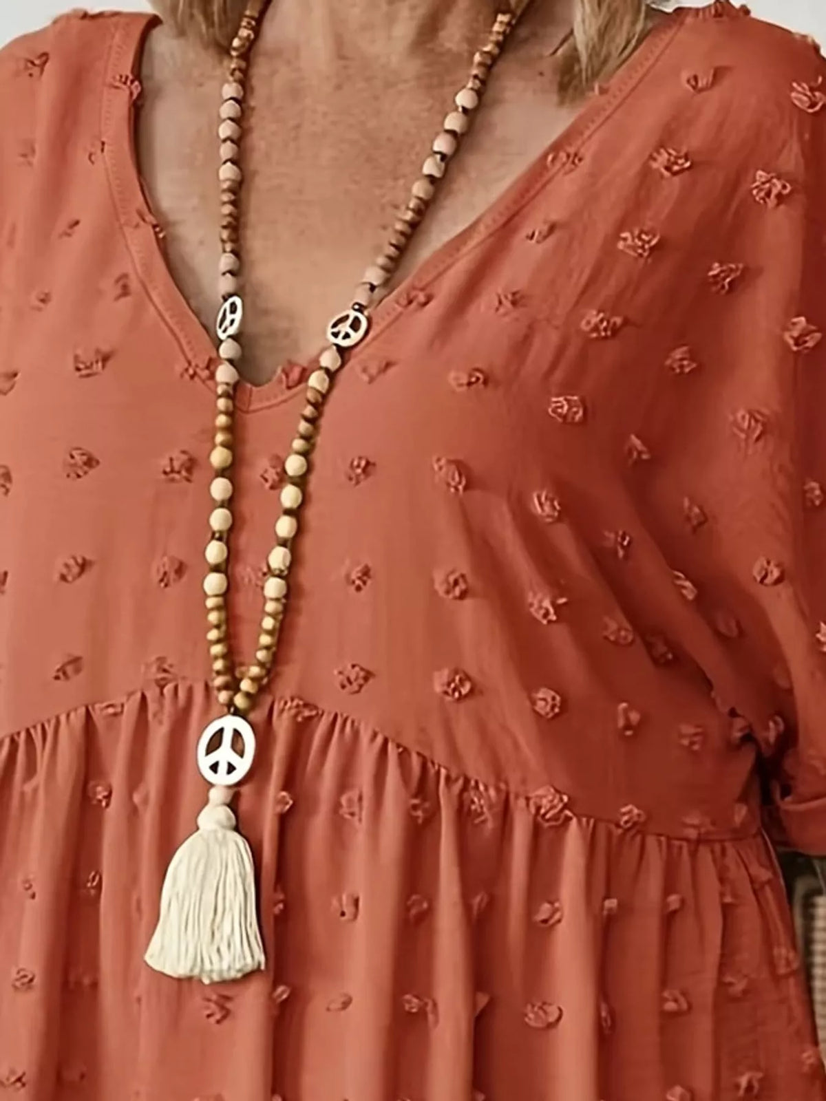 Swiss-dot blouse, rust neckline detail