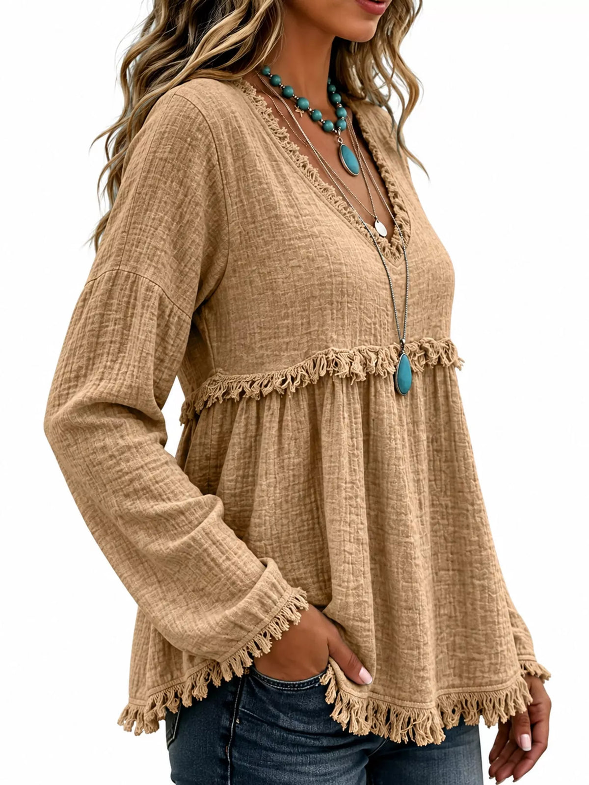 Frayed-Trim V-Neck Peplum Sweater — side view