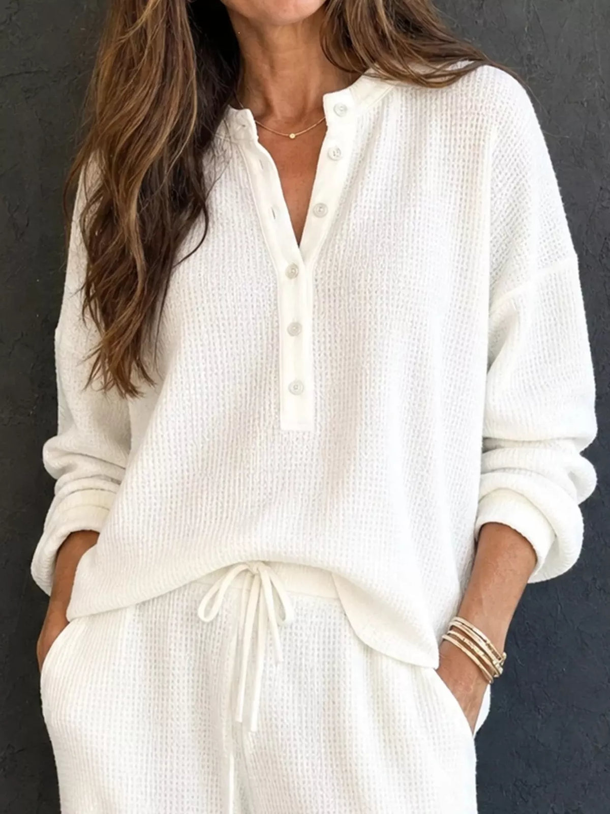 White waffle knit button detail top and pants set
