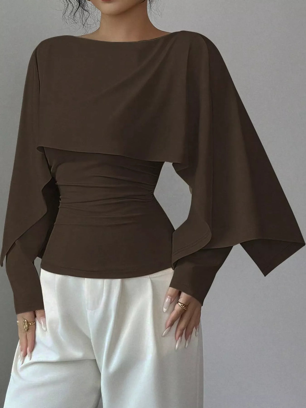 Layered Cape-Style Blouse with Slim-Fit Bodice — front view