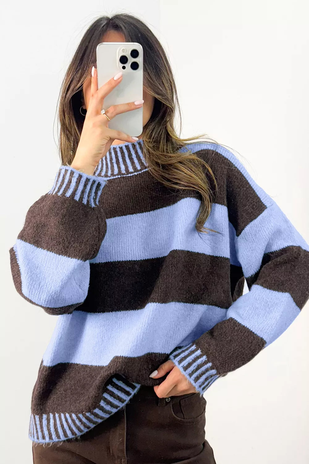 Light Blue Striped Mock Neck Dropped-Shoulder Sweater front lifestyle view