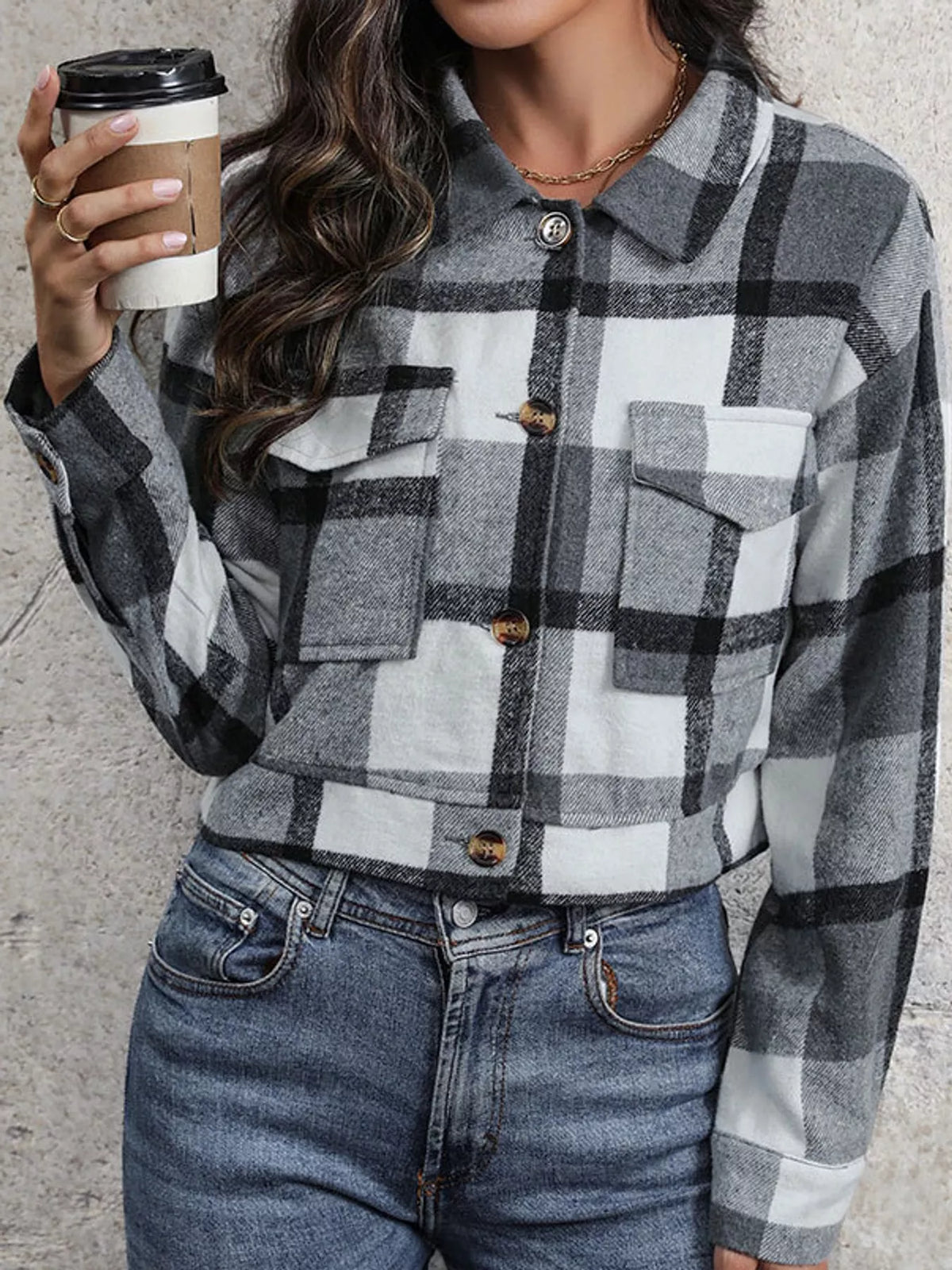 Gray plaid button-up cropped jacket