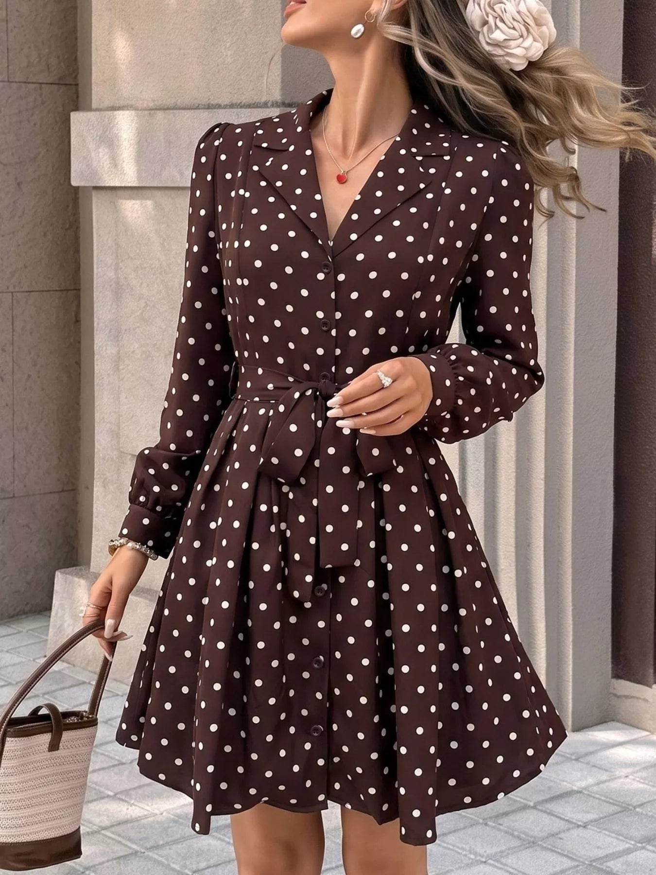 Trendsi Polka Dot Long Sleeve Shirt Dress -