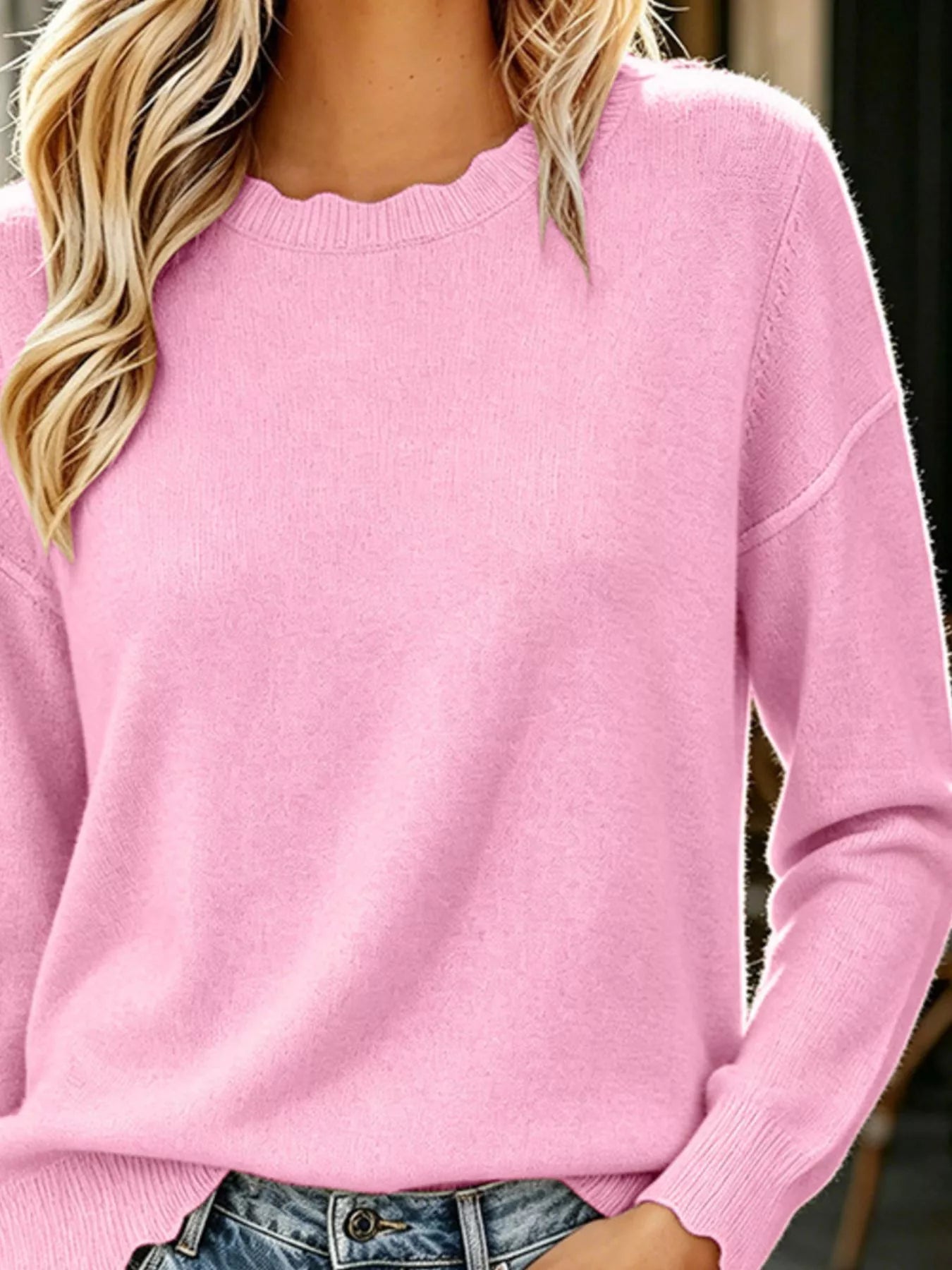 Trendsi Full Size Scalloped Trim Crew Neck Sweater Plus Size -