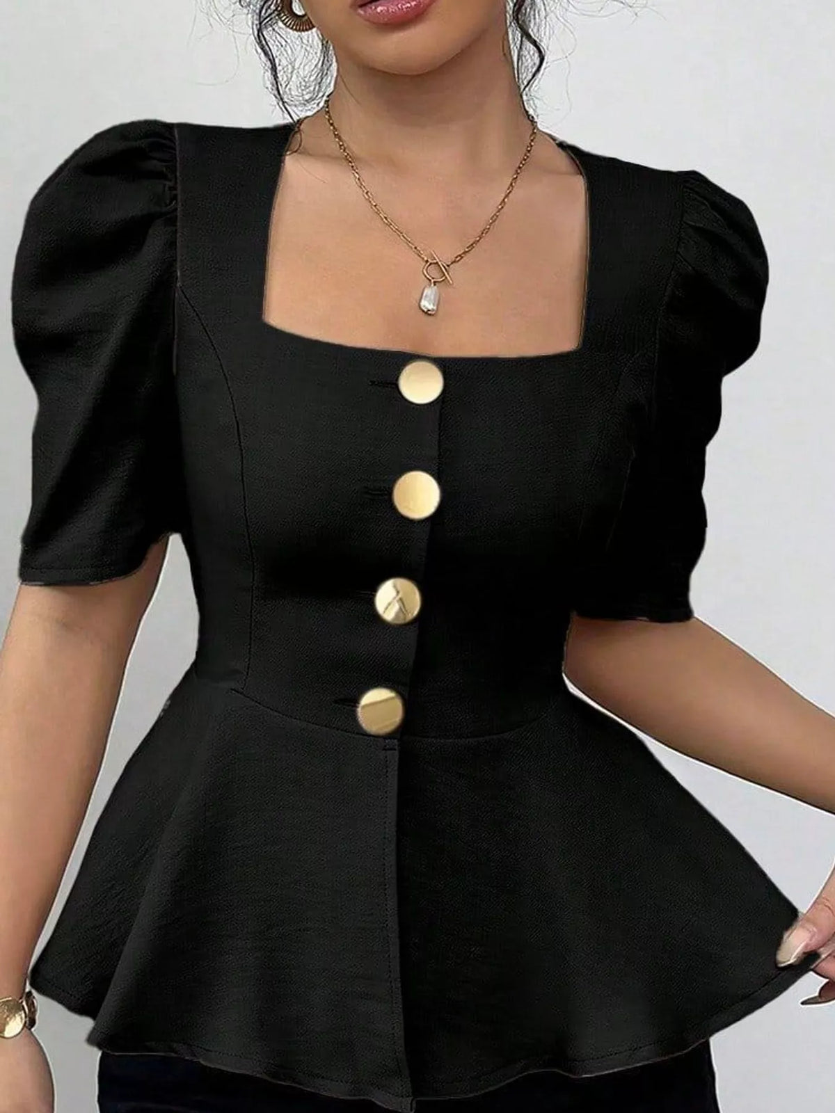 Women's Square Neck Puff Sleeve Peplum Blouse in black — front view