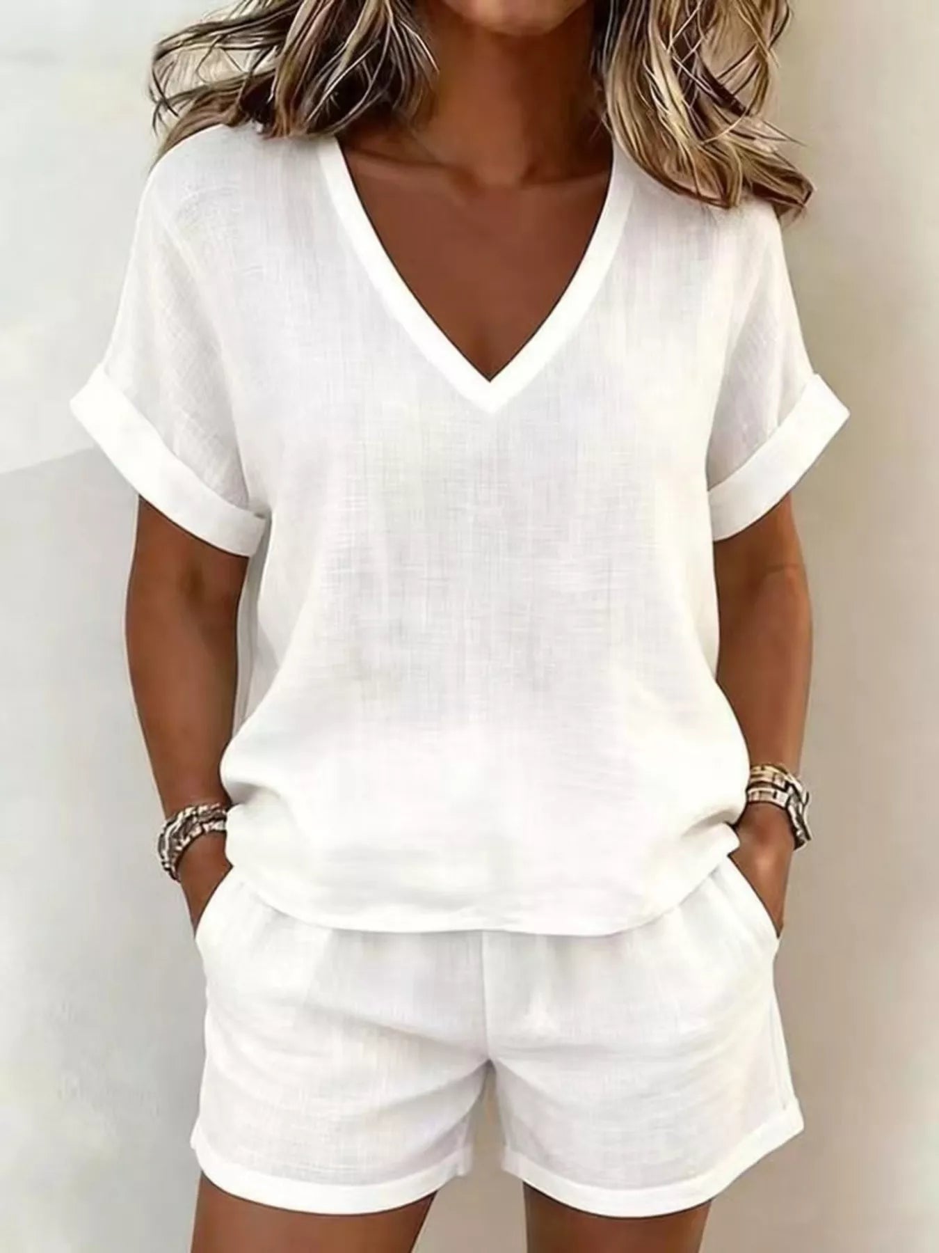 Trendsi V-Neck Linen Blend Short Sleeve Top and Shorts Set -