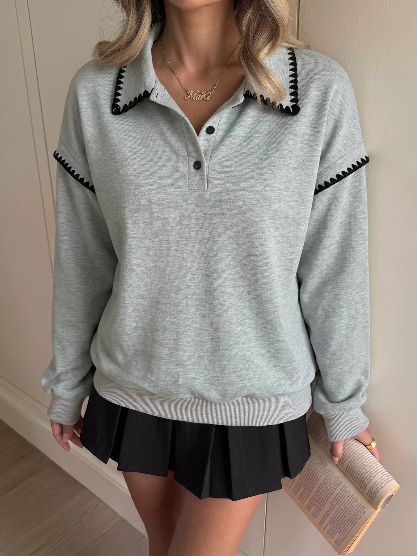 Trendsi Polo Collar Dropped Shoulder Sweatshirt -
