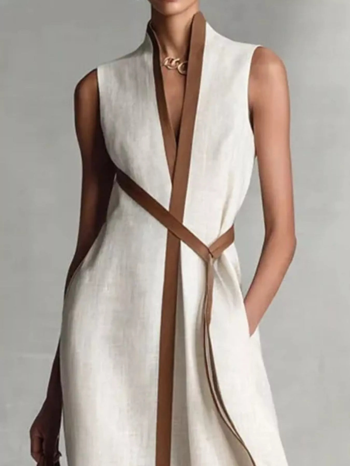 Cream sleeveless wrap maxi dress, contrast-trim bodice detail