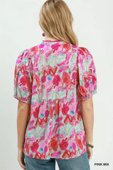 Trendsi Umgee Abstract Print Puff Sleeve Top - Clothing Tops