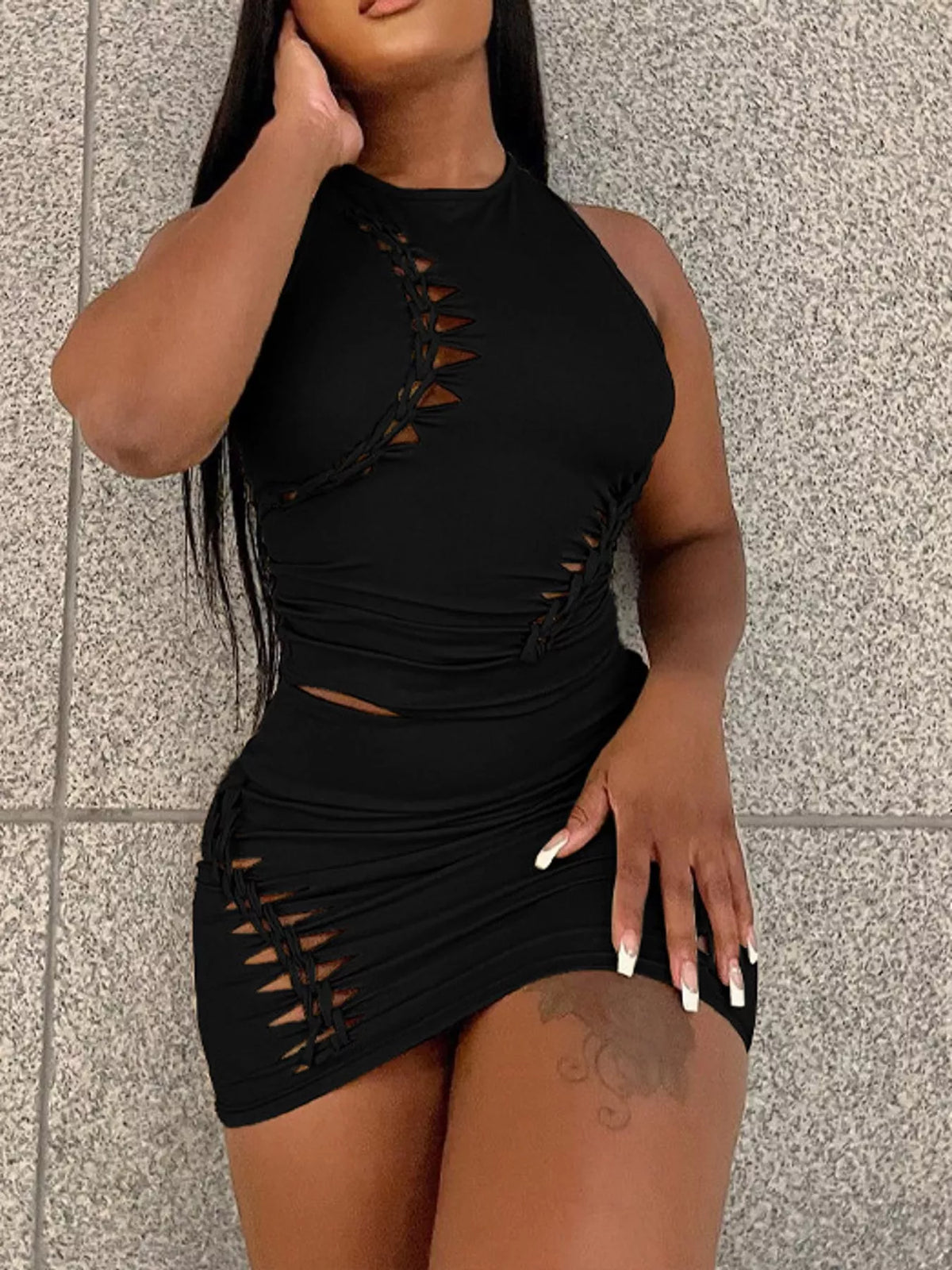 Sleeveless Cut-Out Bodycon Top and Mini Skirt Set — front view
