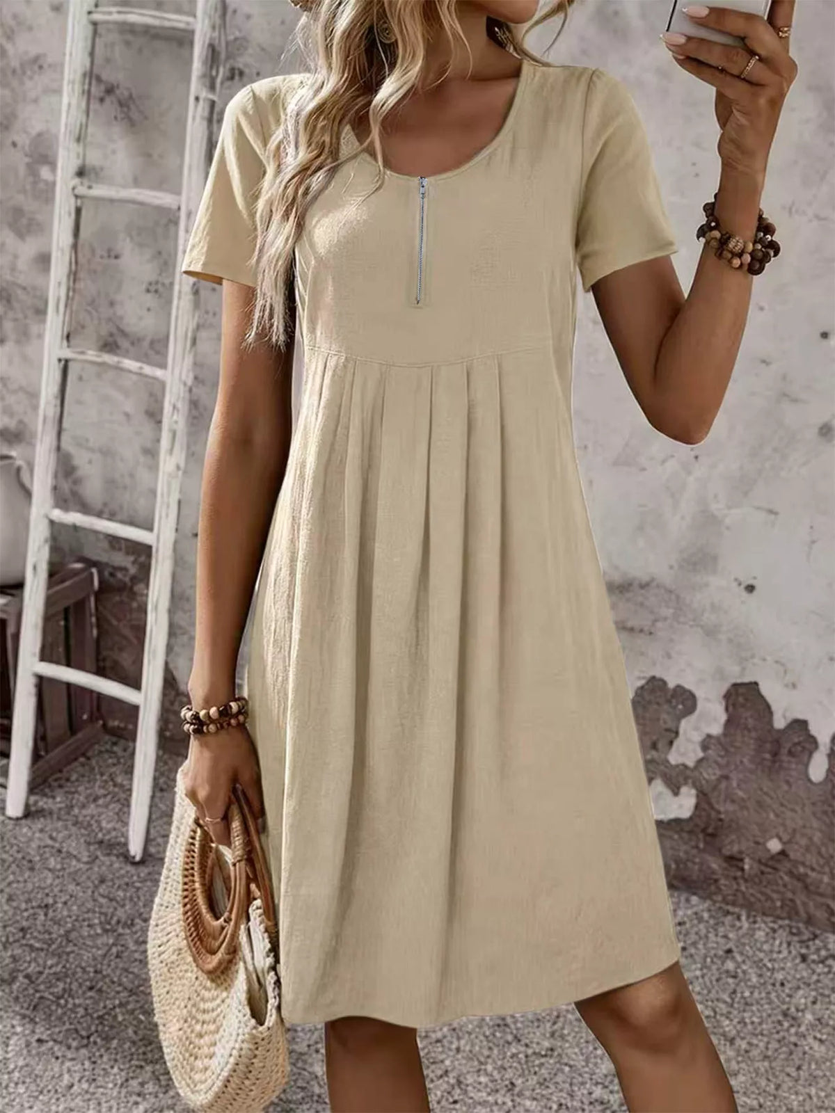 Trendsi Zipper-Front Short Sleeve A-Line Dress -
