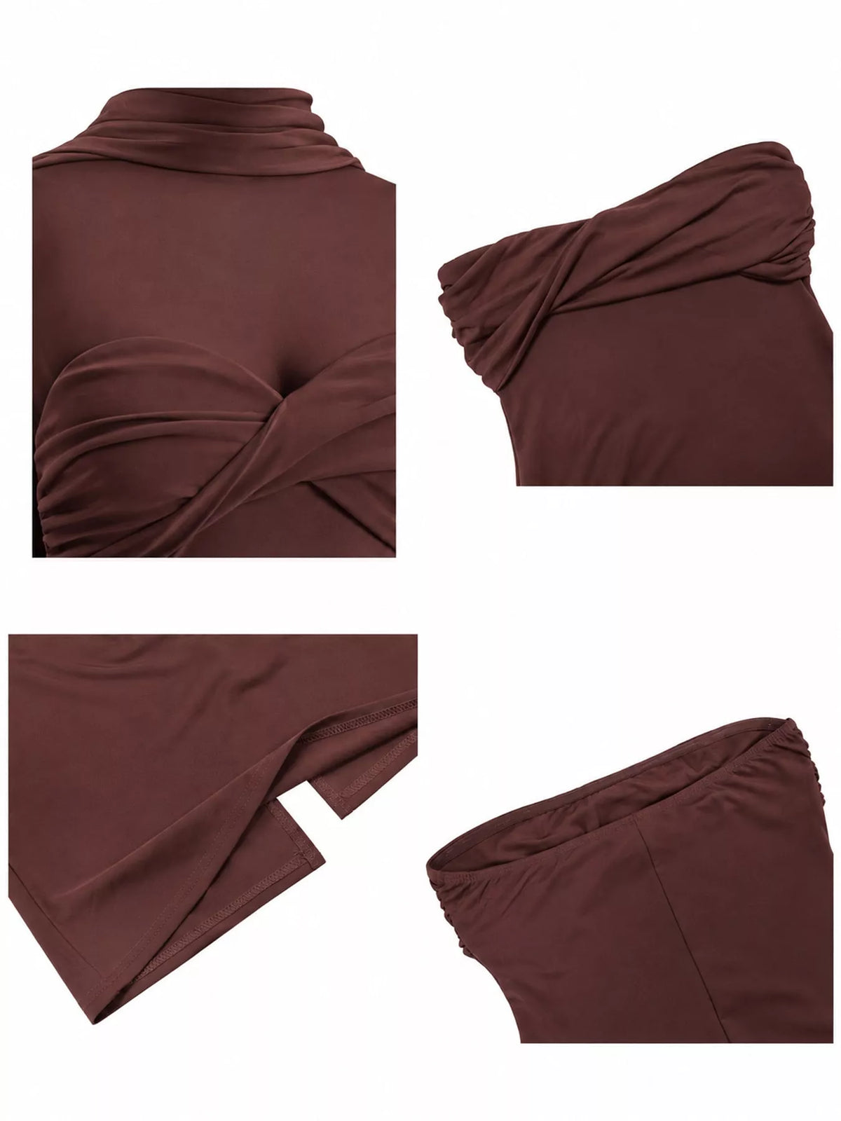 Brown strapless ruched bodycon maxi dress with scarf, detail view