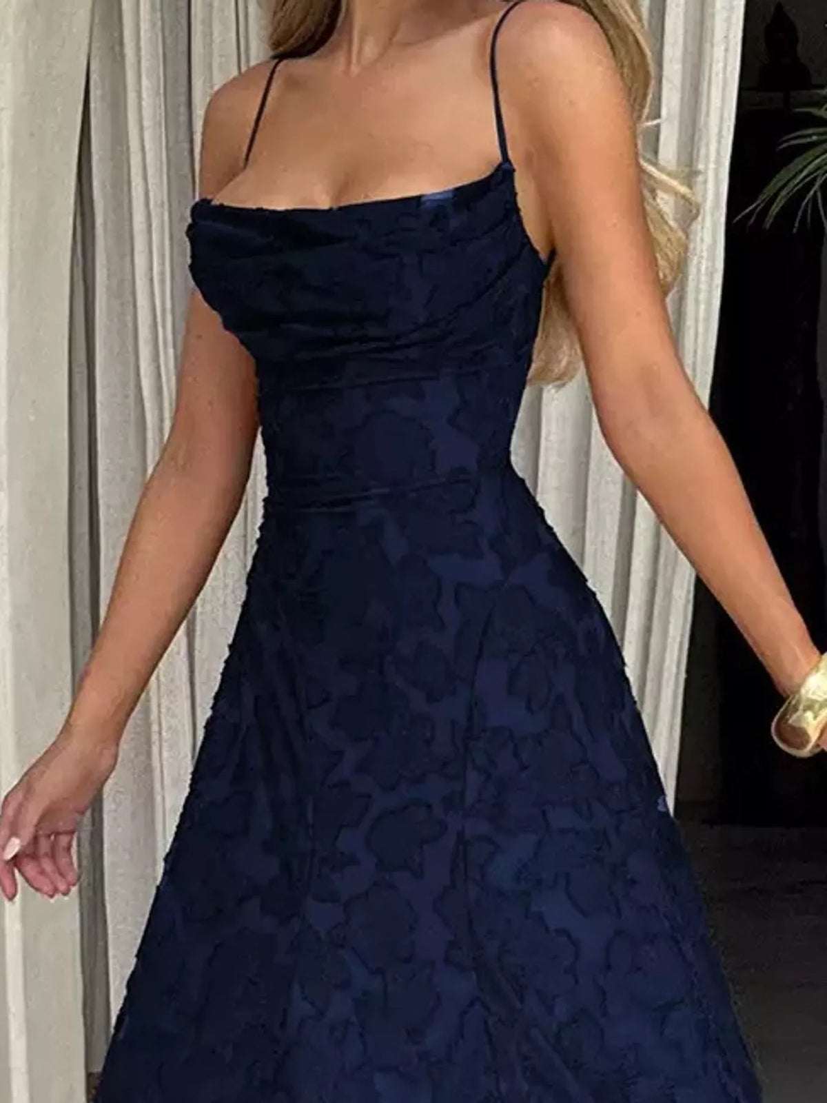 Cowl neck spaghetti-strap maxi dress, construction and design details