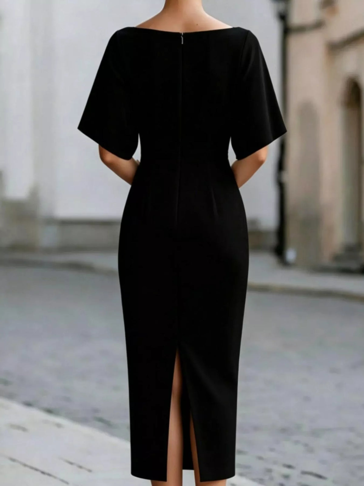 Boat neck short sleeve midi dress, back view