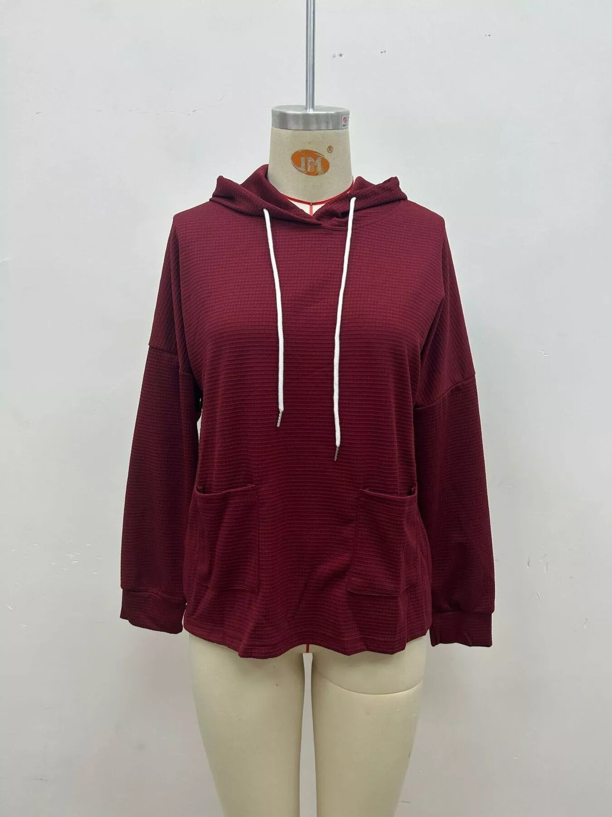 Women's Waffle Knit Drawstring Long Sleeve Hoodie in Burgundy, alternate view