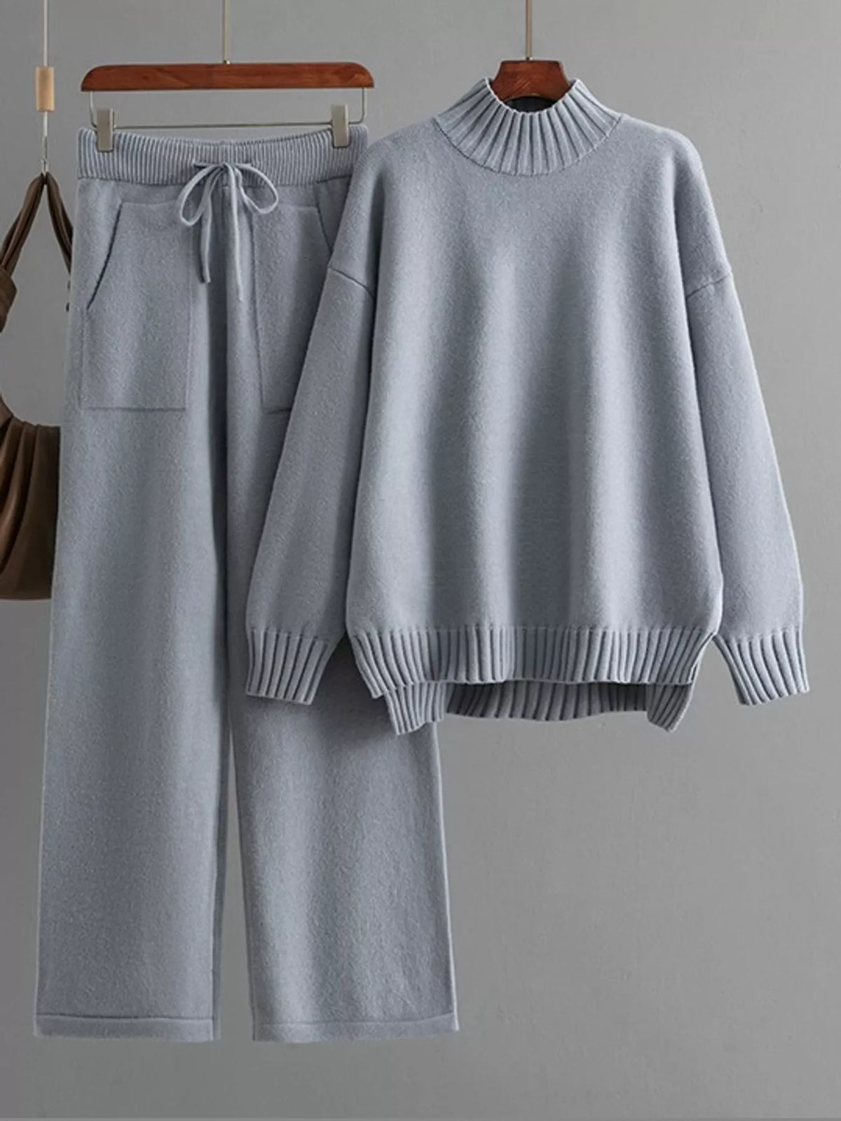 Mock Neck Sweater and Wide-Leg Pants Knit Set — garment front