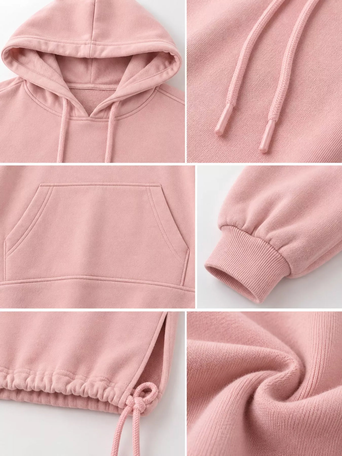 Pink hooded sweatshirt midi dress with drawstring hem, detail view
