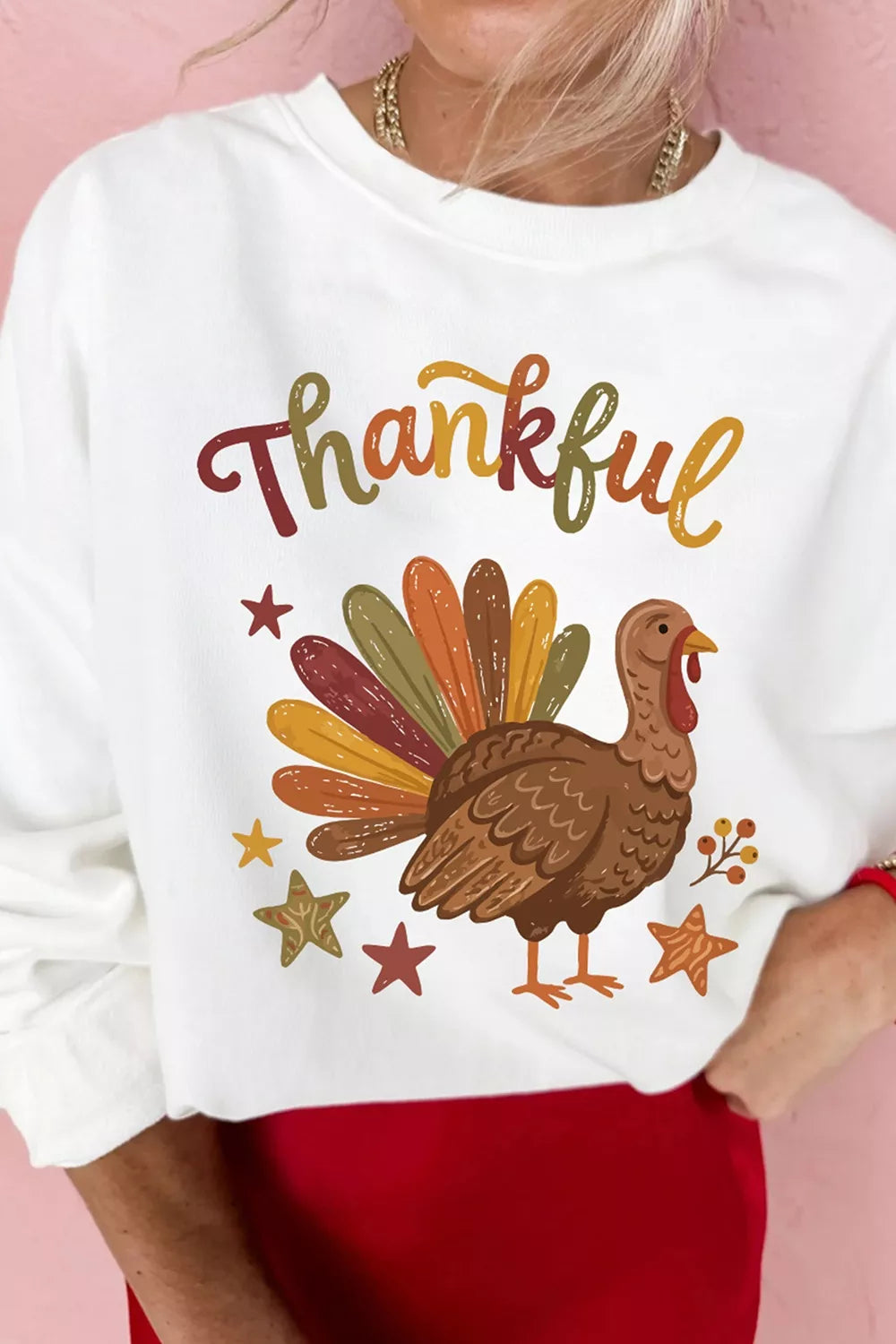 White Thankful turkey graphic sweatshirt, graphic detail