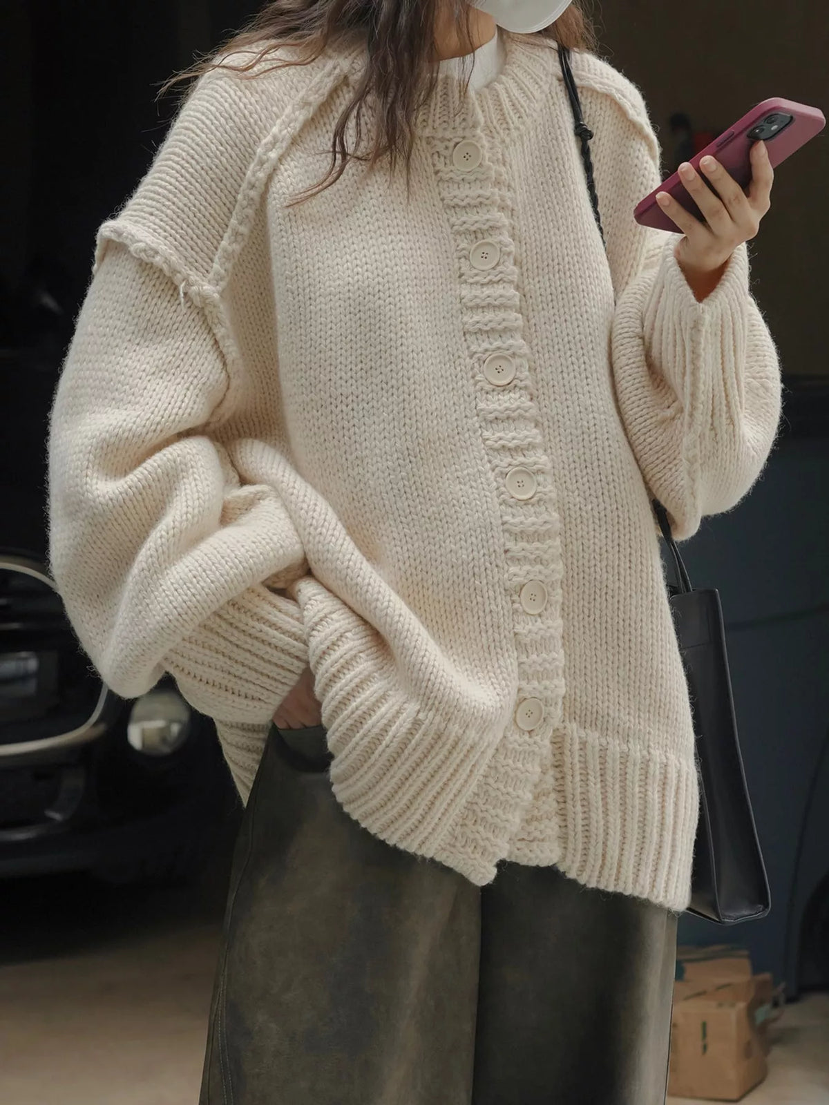 Oversized Chunky Knit Cardigan with Textured Button Placket in cream