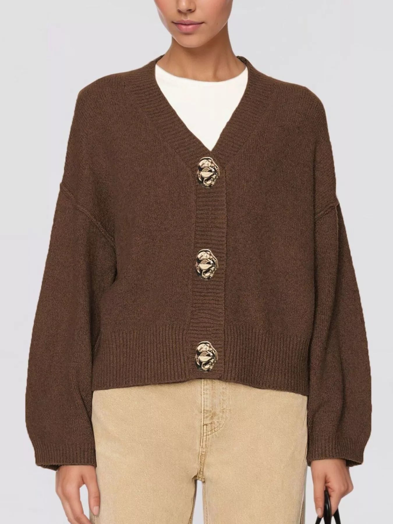 Trendsi Gold Buttons V-Neck Cardigan -