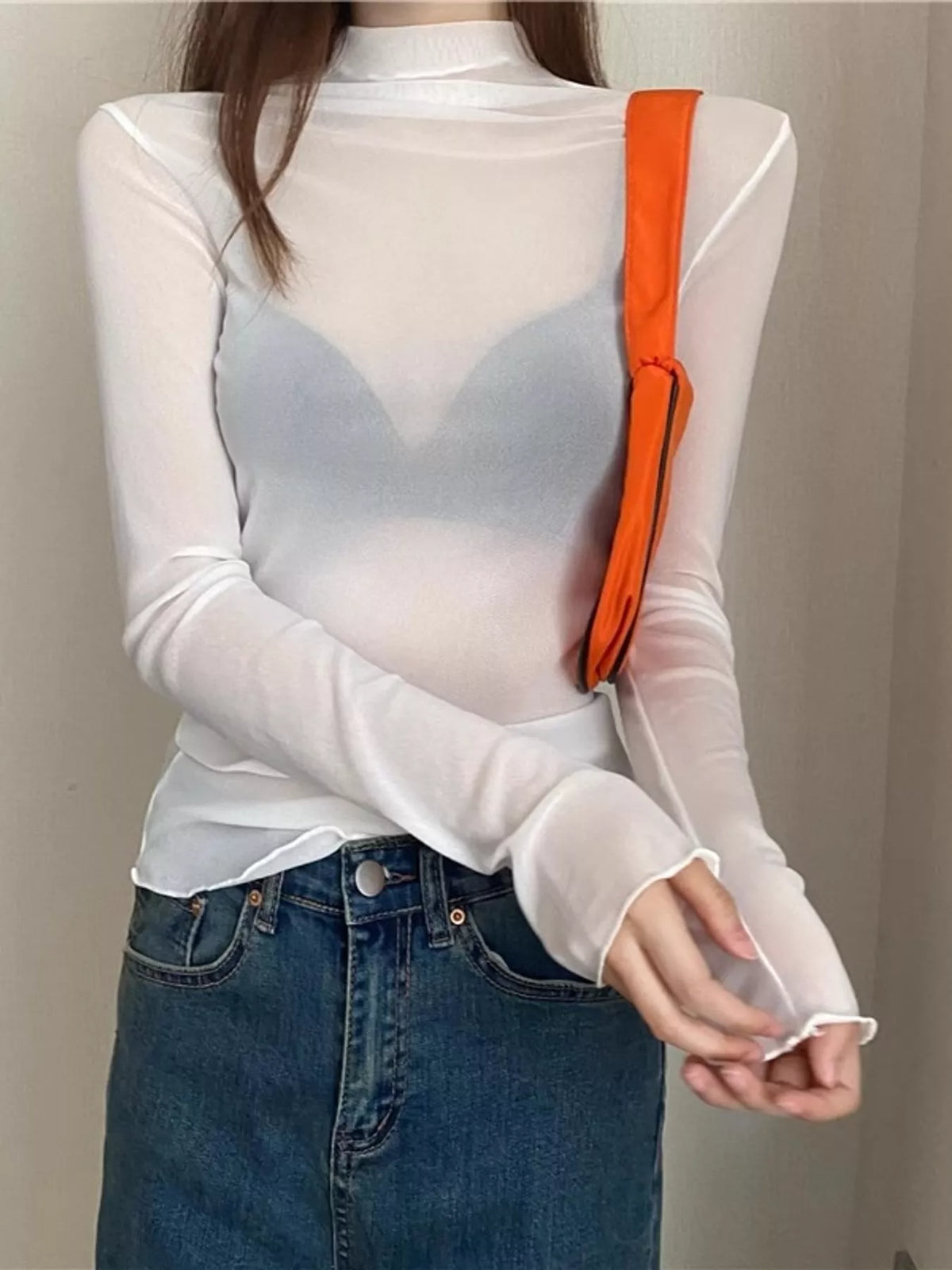 White sheer turtleneck mesh t-shirt