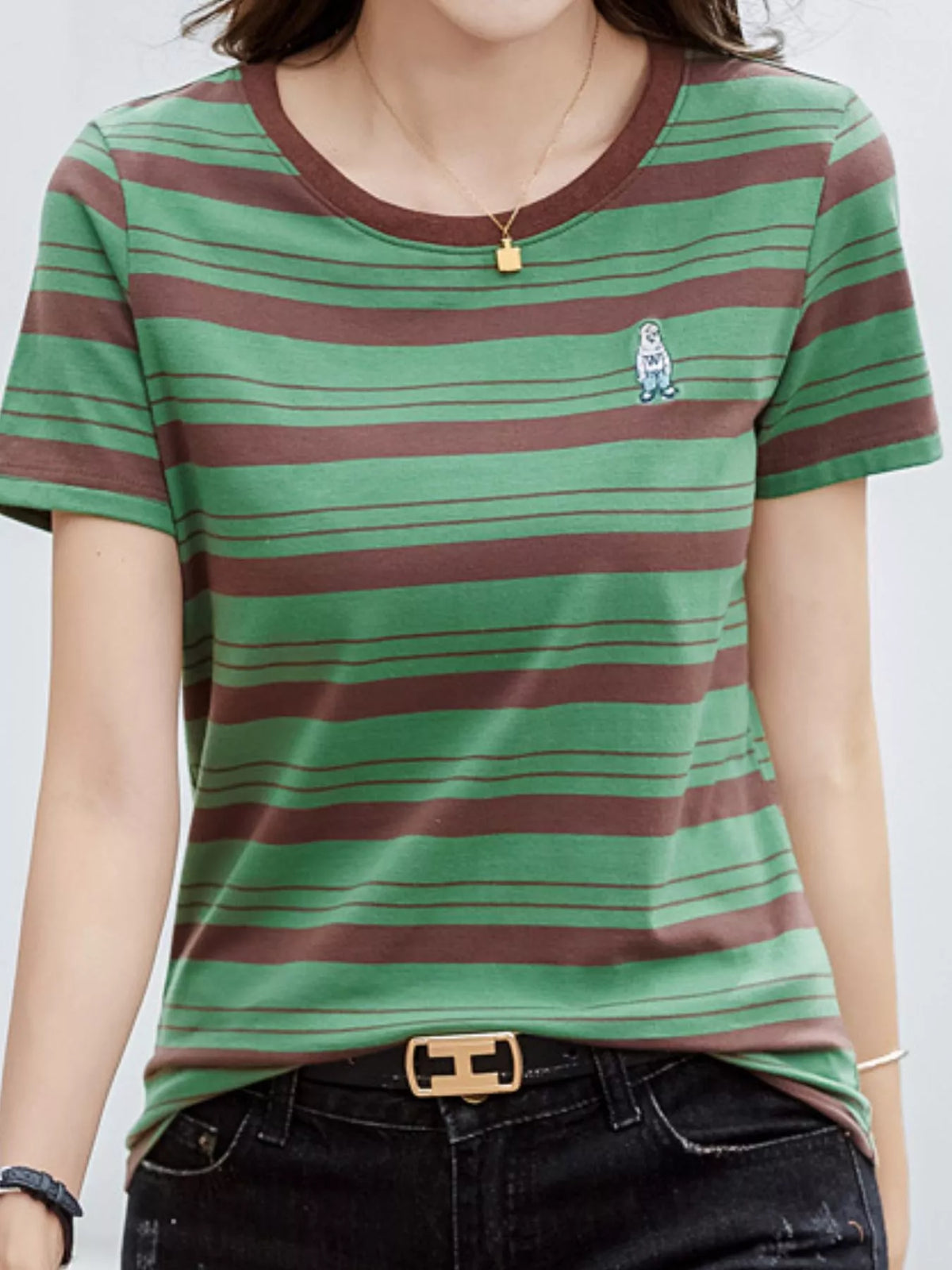 Green - Striped striped crew neck embroidered t-shirt