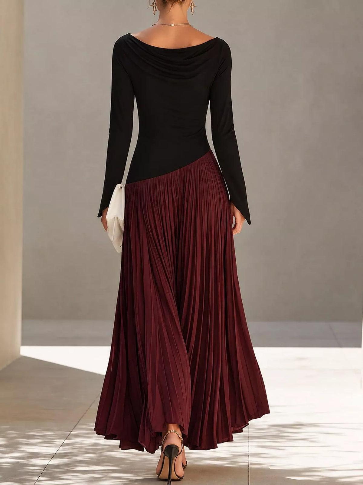 Cowl neck long sleeve maxi dress, back view