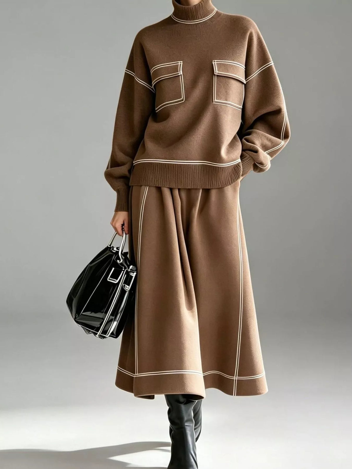 Sweater and skirt set, brown set front