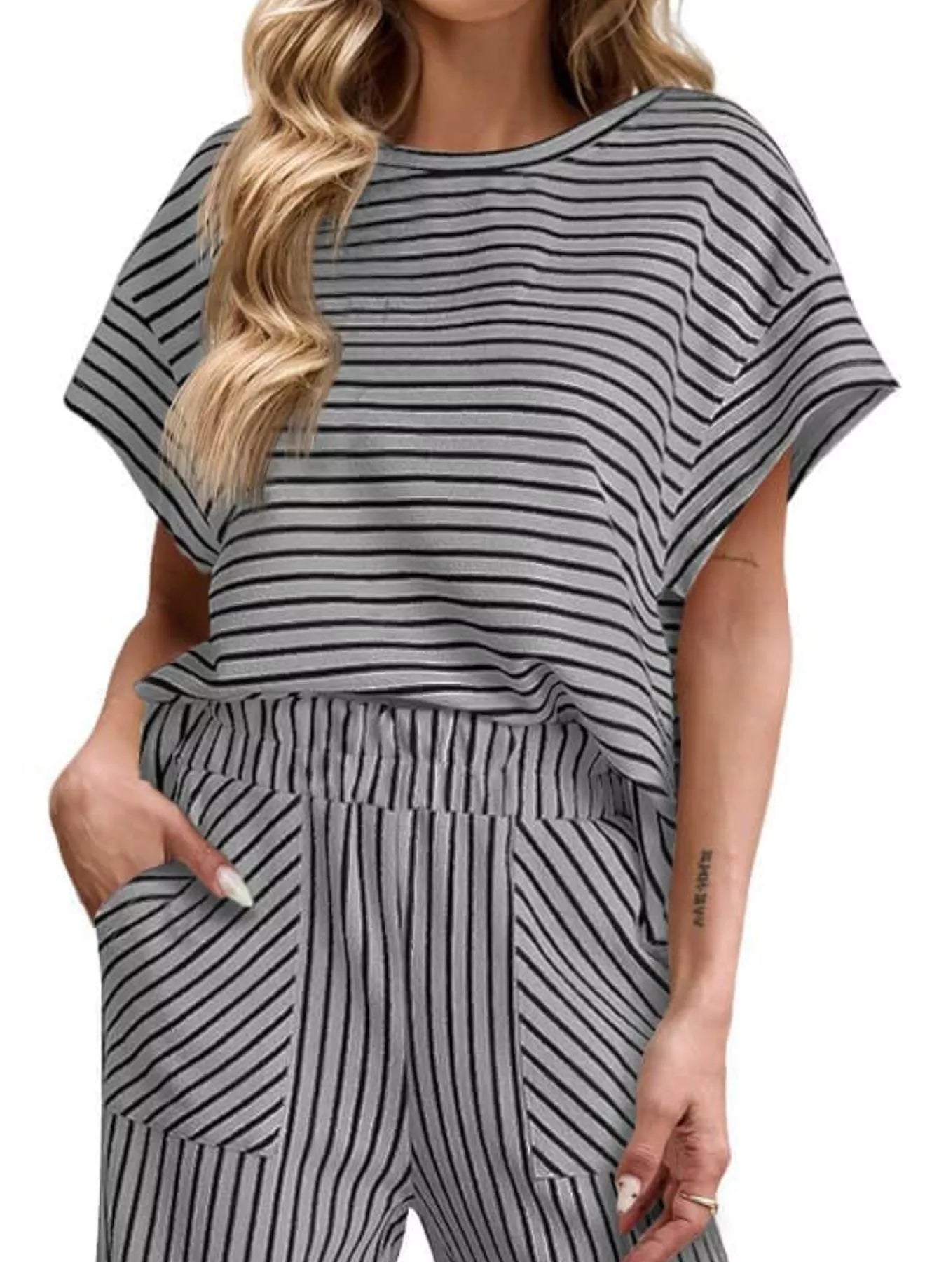 Trendsi Casual Striped Short Sleeve Top and Wide Leg Pants Two-Piece Set -