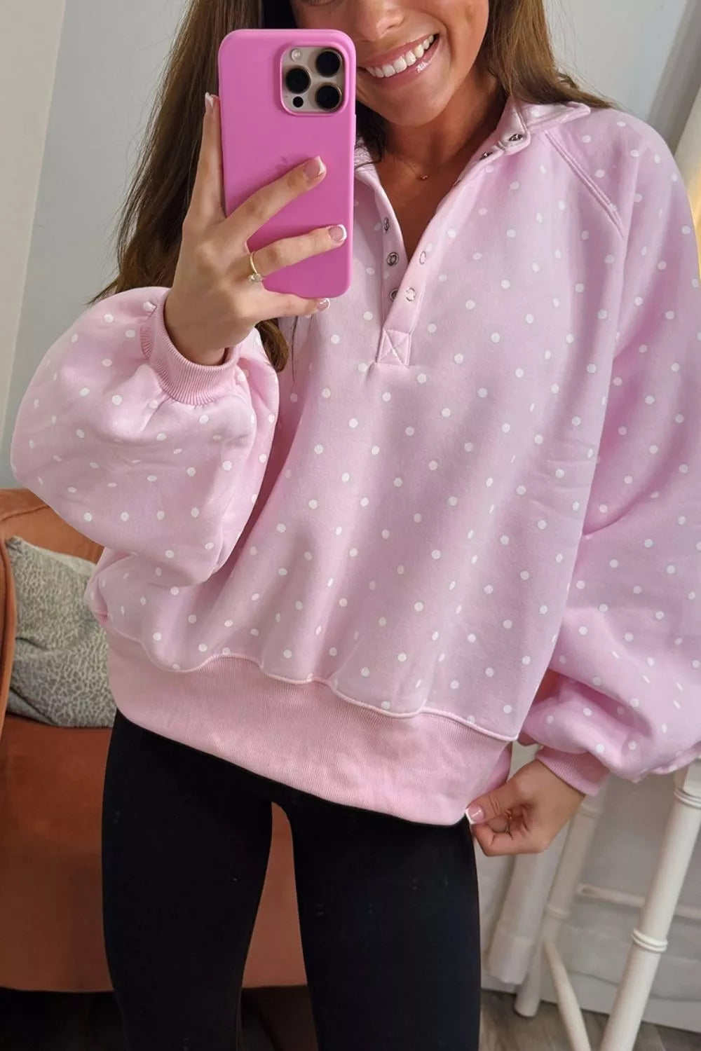 Trendsi Polka Dot Print Metal Button Collar Casual Pullover Sweatshirt - Shirts