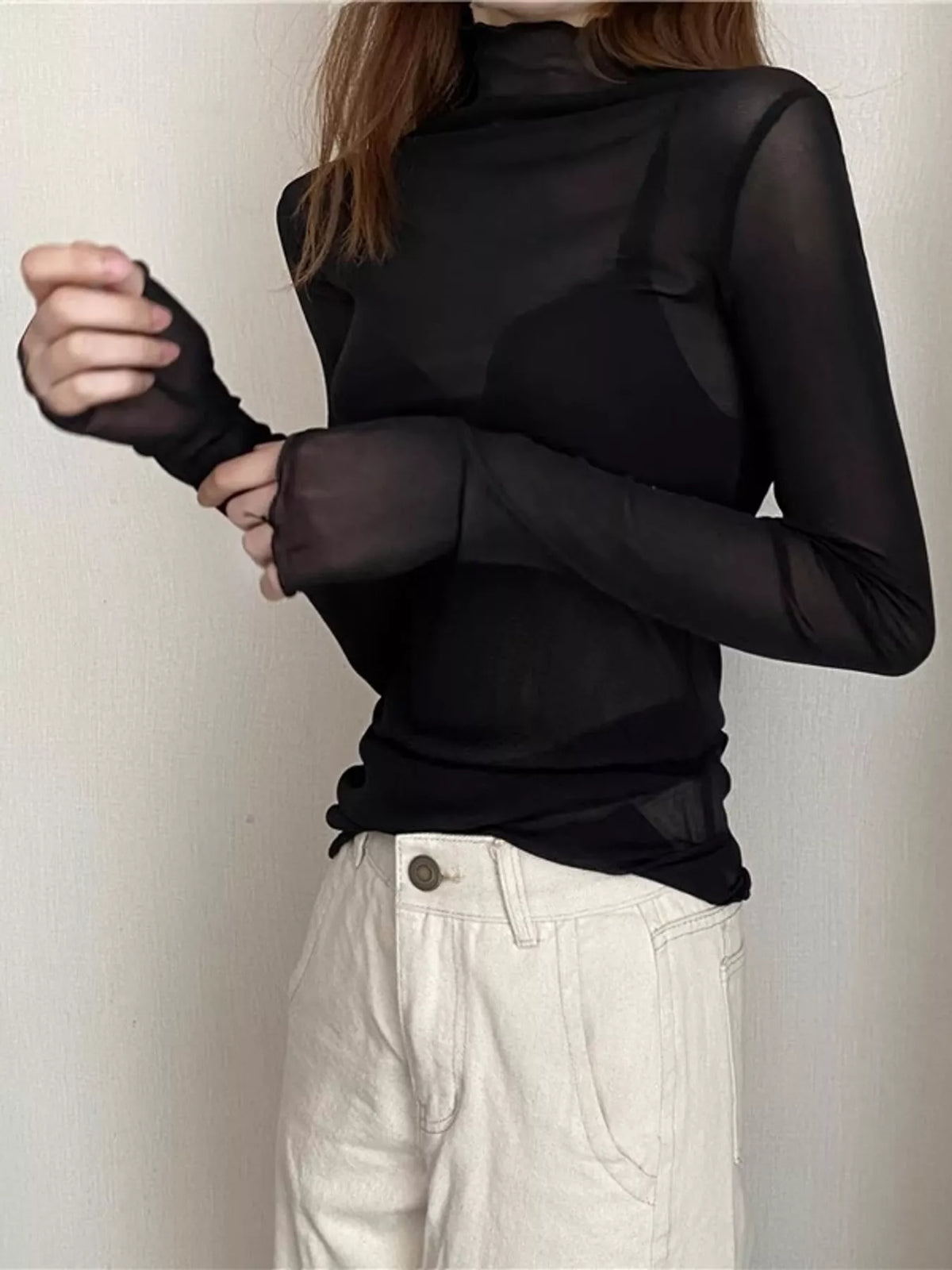 Black sheer turtleneck mesh t-shirt
