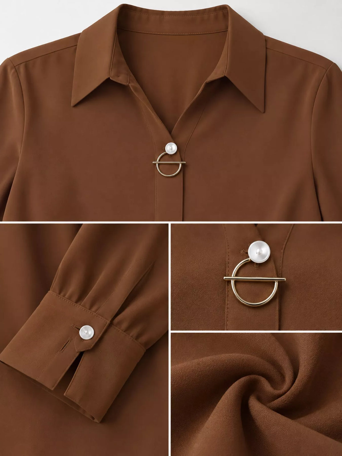 Women's Collared Clasp Detail Long Sleeve Satin Blouse in brown — detail collage view