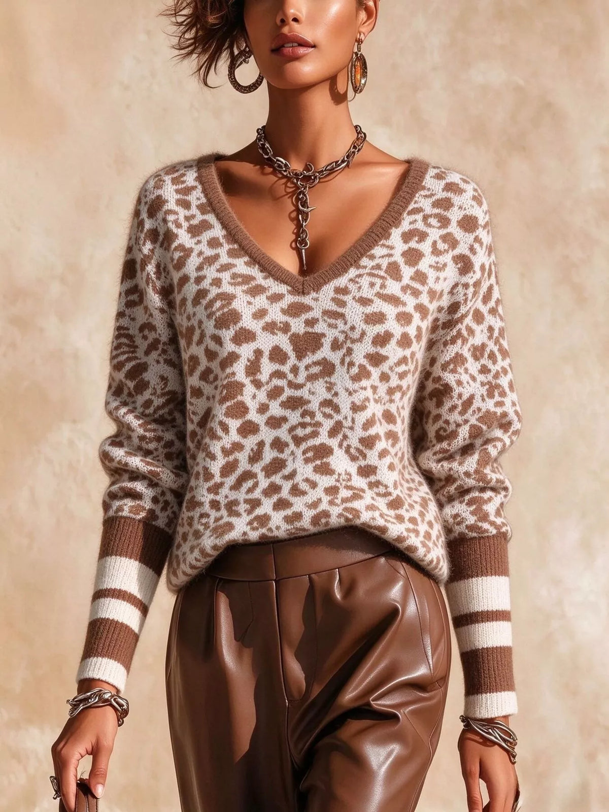 Women's Leopard V-Neck Sweater with Striped Cuffs in brown leopard — front view