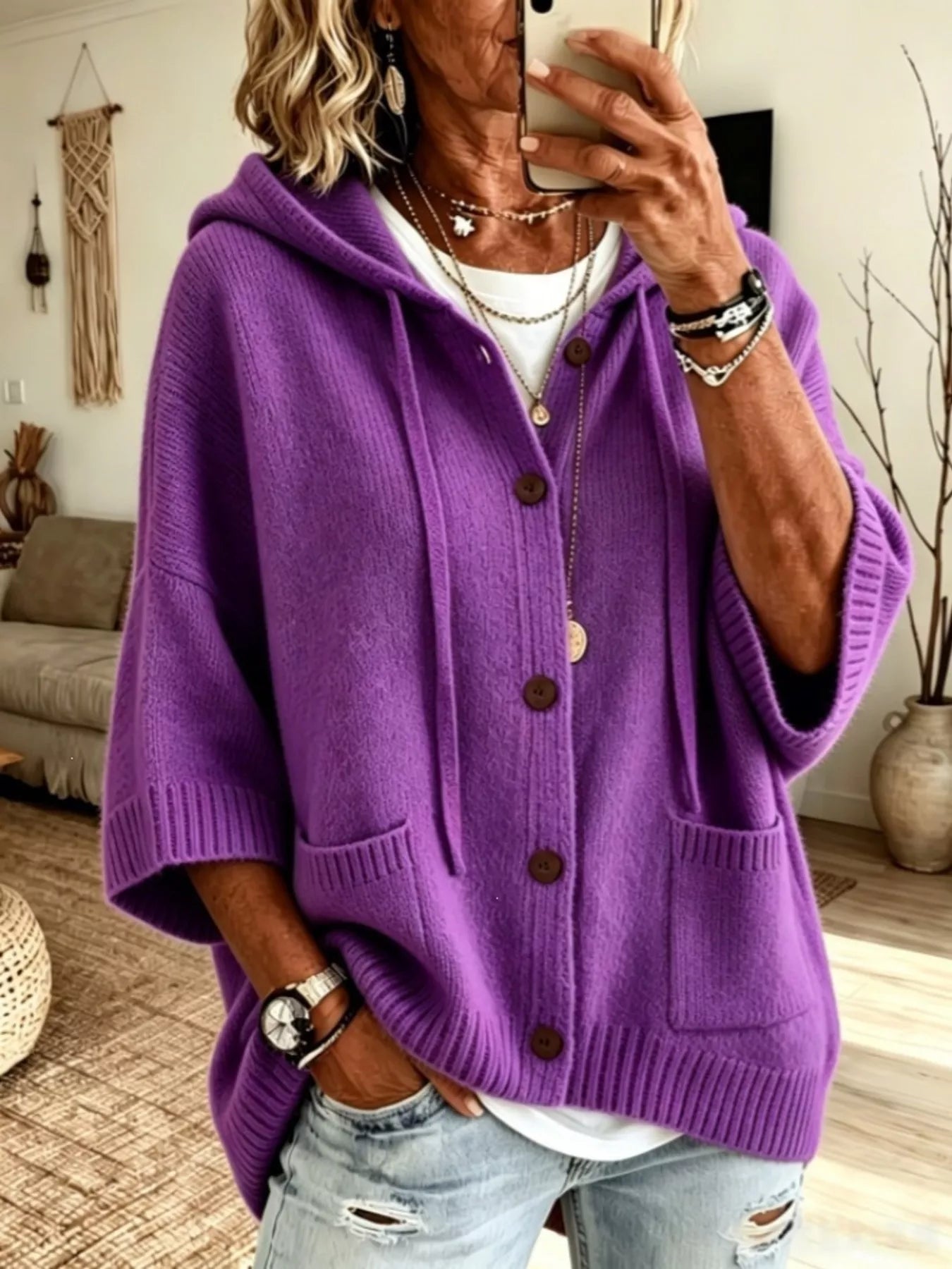 Trendsi Hooded Button-Down Knit Cardigan -