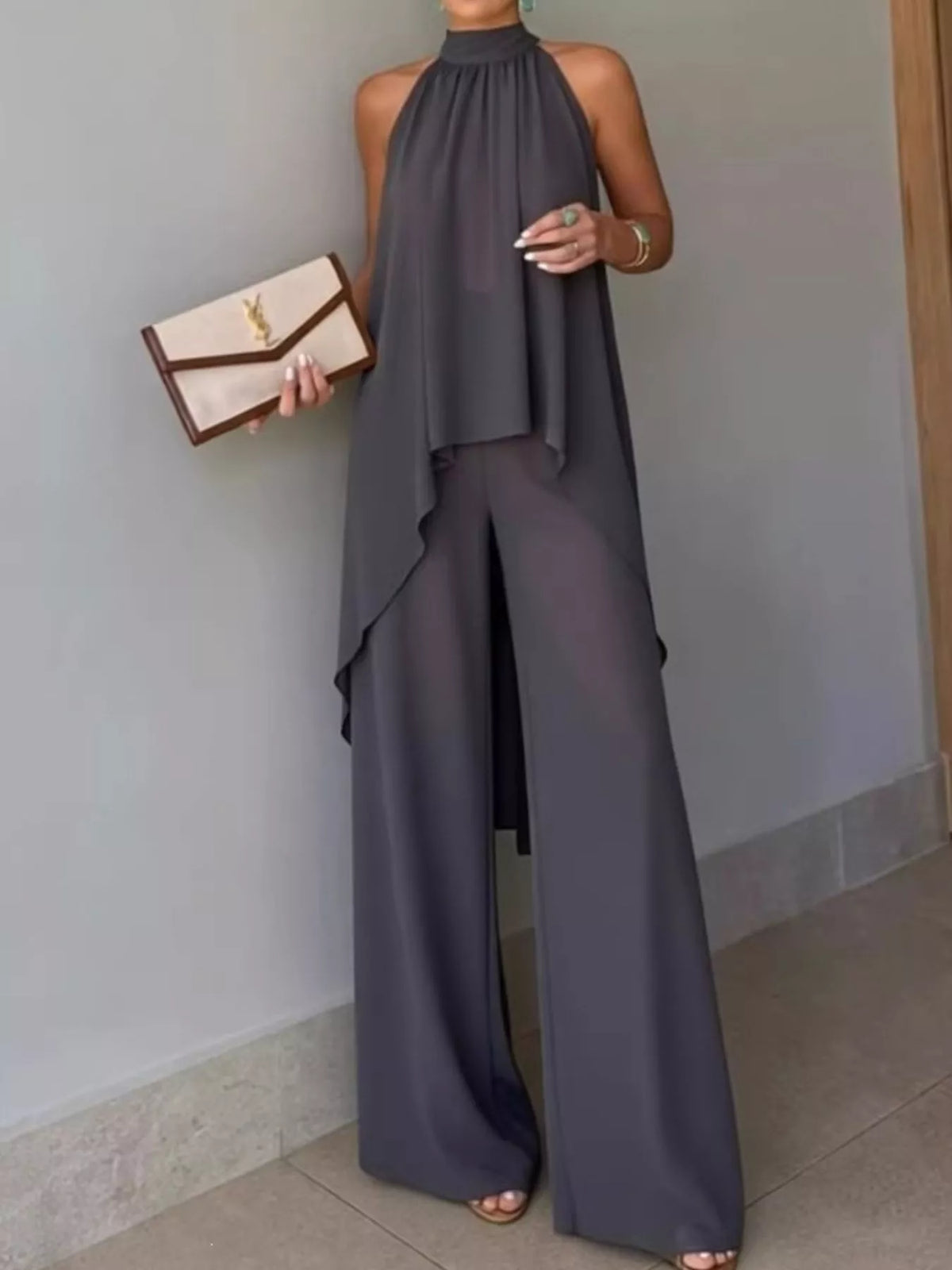Dark Gray High-Low Sleeveless Top & Wide-Leg Pants Set front view