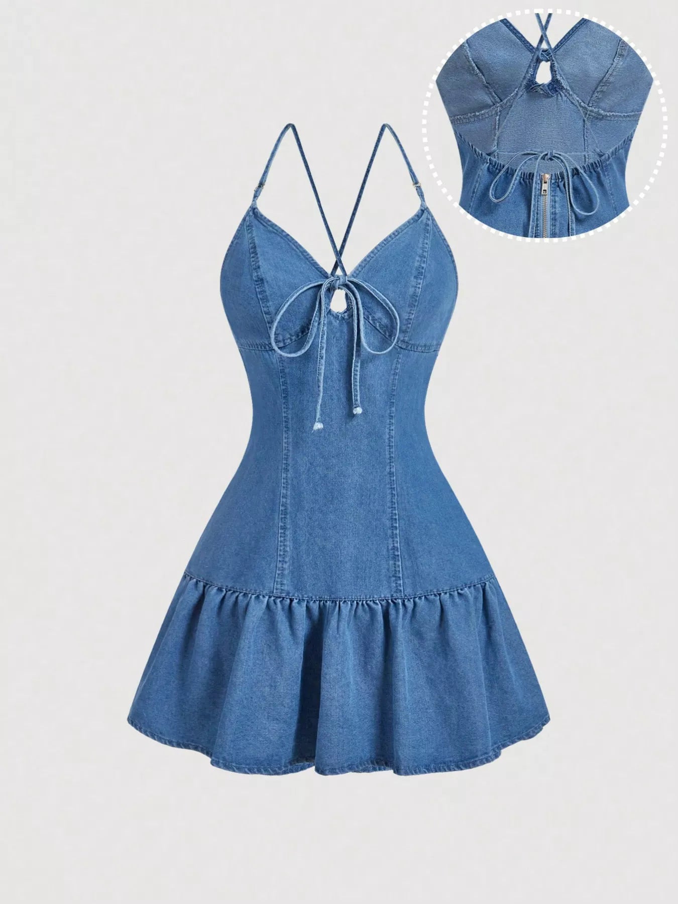 Trendsi Tie-Front Denim Dress with Ruffled Hem -