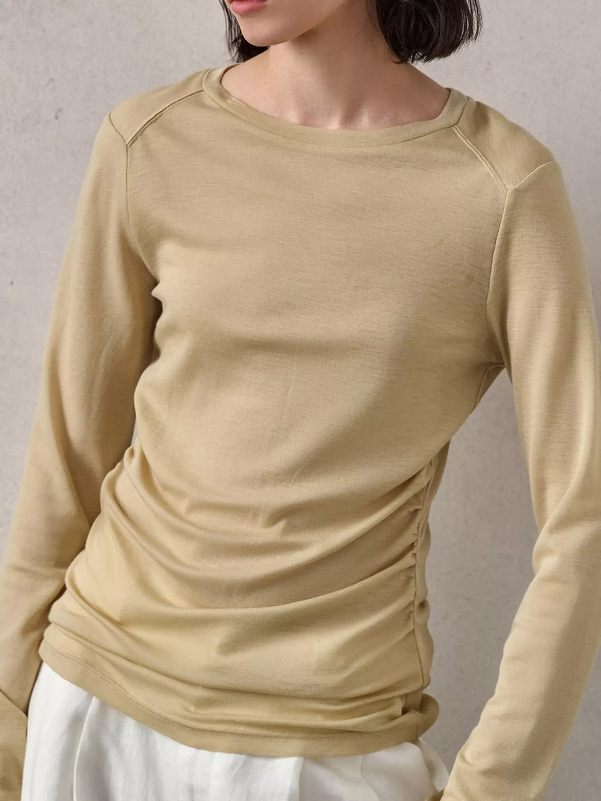 Round neck long sleeve t-shirt, front view on model
