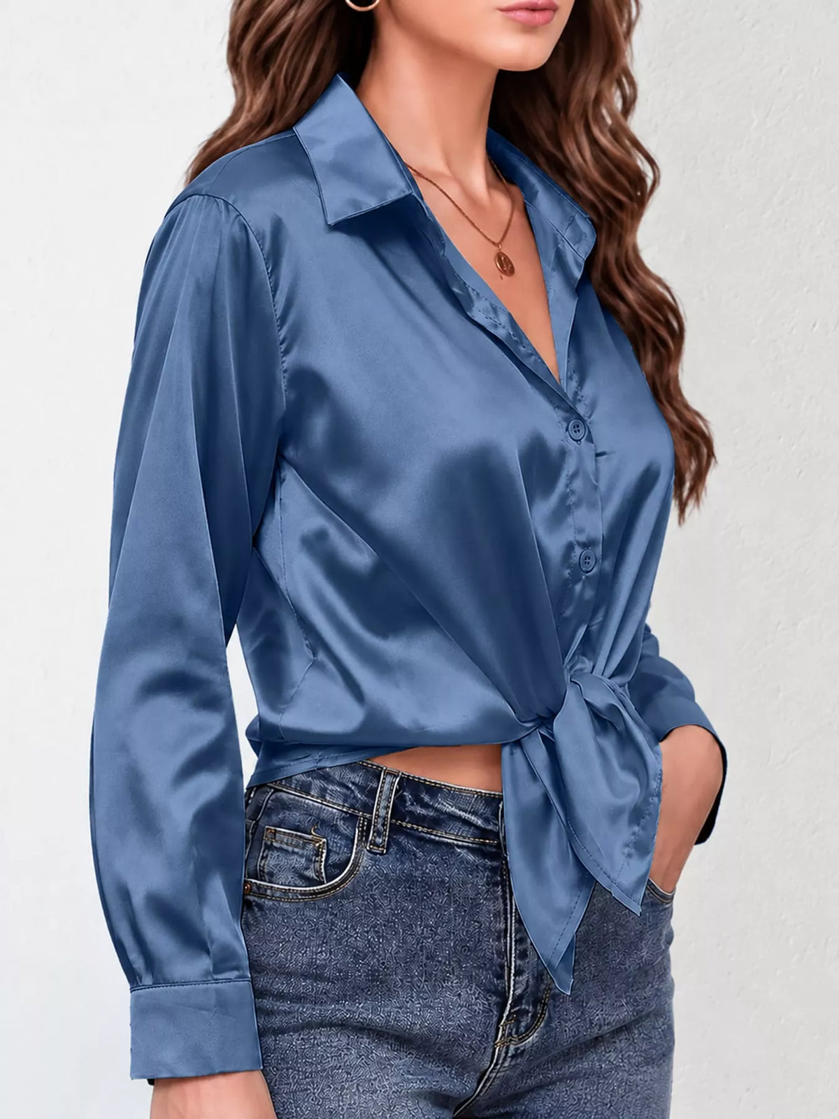 Navy satin button-down long sleeve shirt