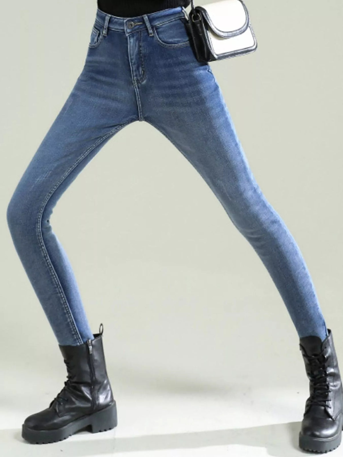 High-Waisted Slim-Fit Stretch Fleece Jeans — front view