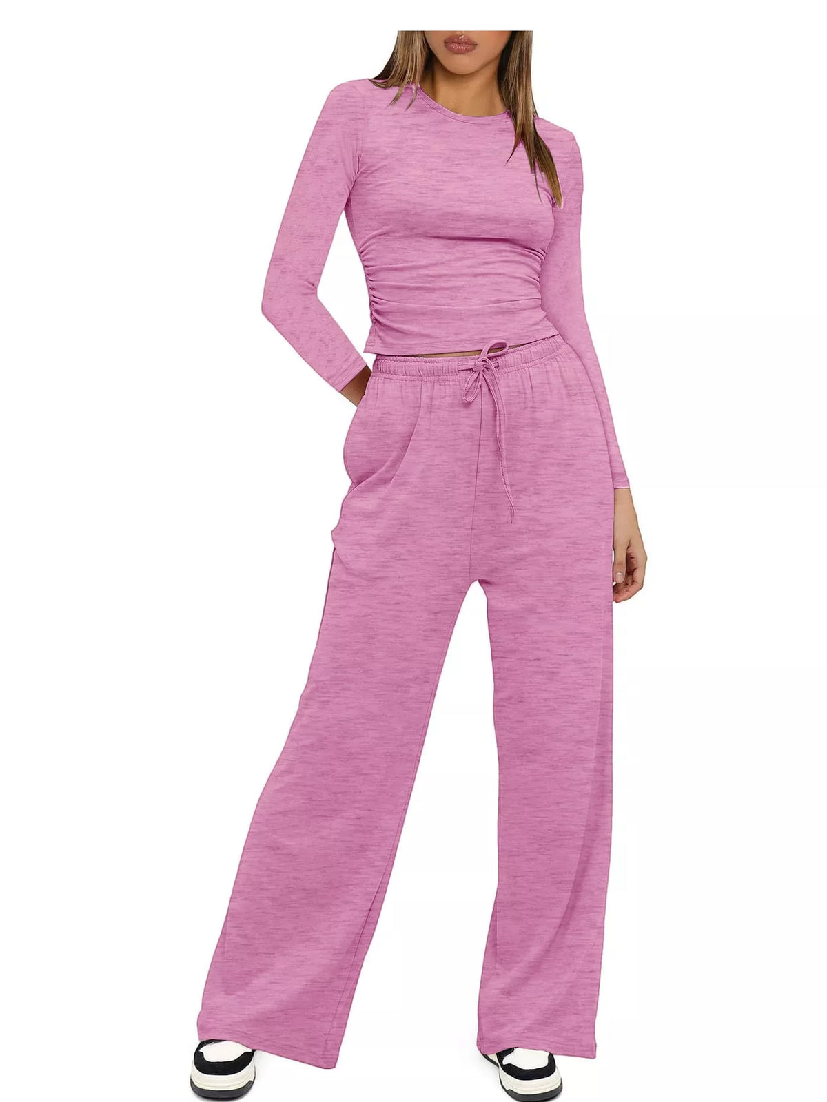 Long Sleeve Ruched Top and Wide-Leg Drawstring Pants Set — front view