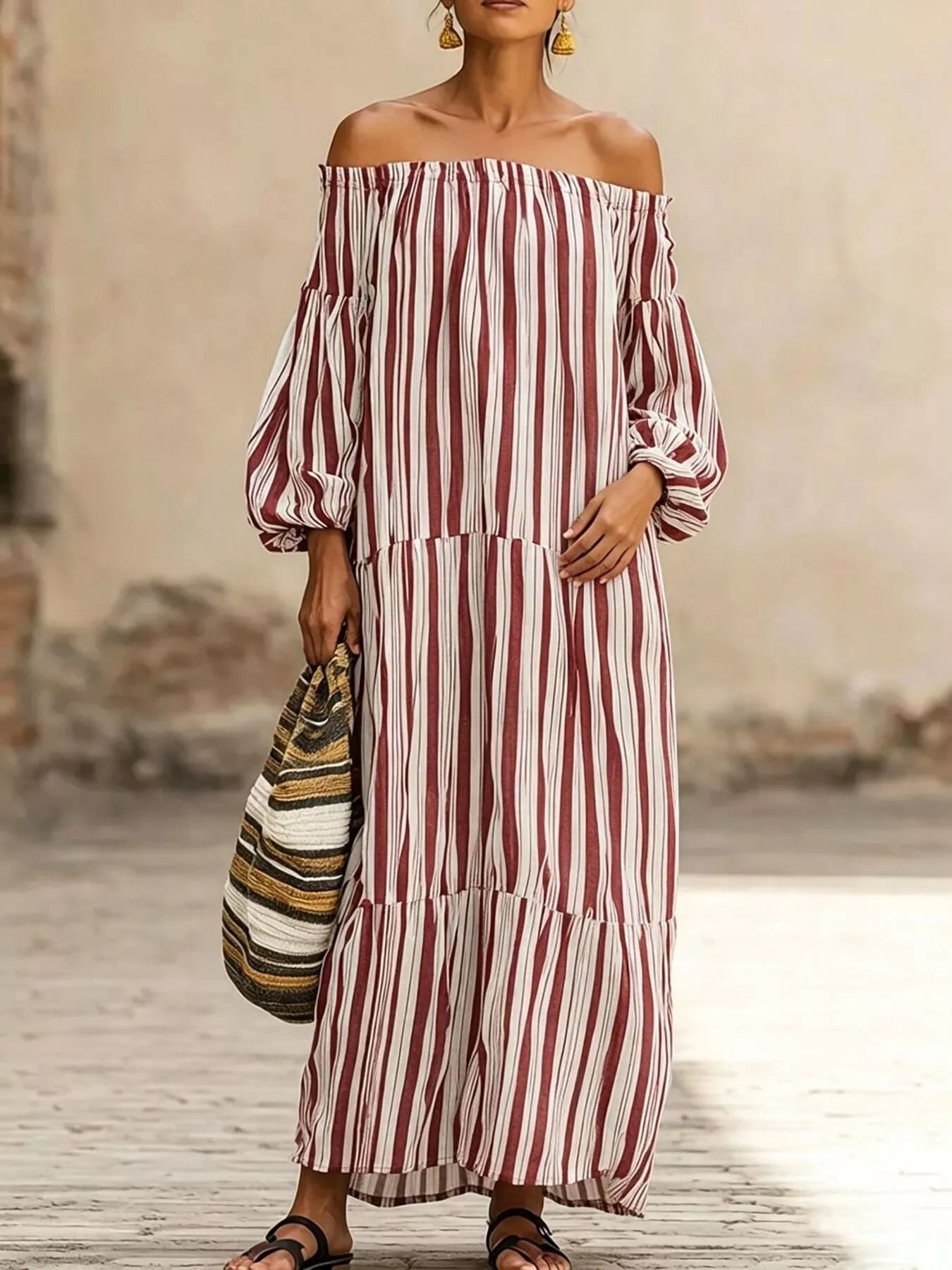 Trendsi Off-Shoulder Striped Maxi Dress -