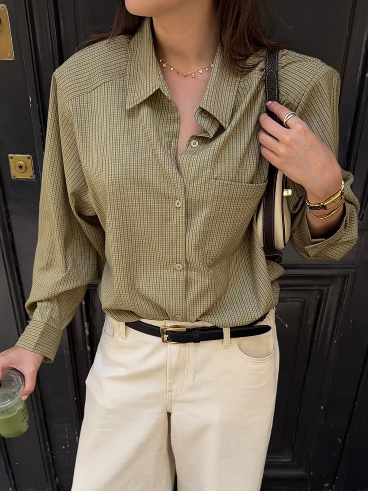 Plaid Button-Down Shirt in green, front view