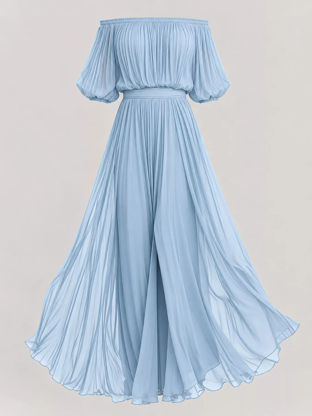 Light blue off shoulder ruched chiffon maxi dress, front view